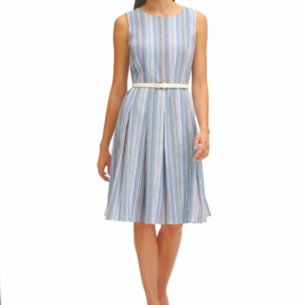Tommy Hilfiger Size 4 High Neck Baby Blue Crinkle Dress Stripes White Blue Pink